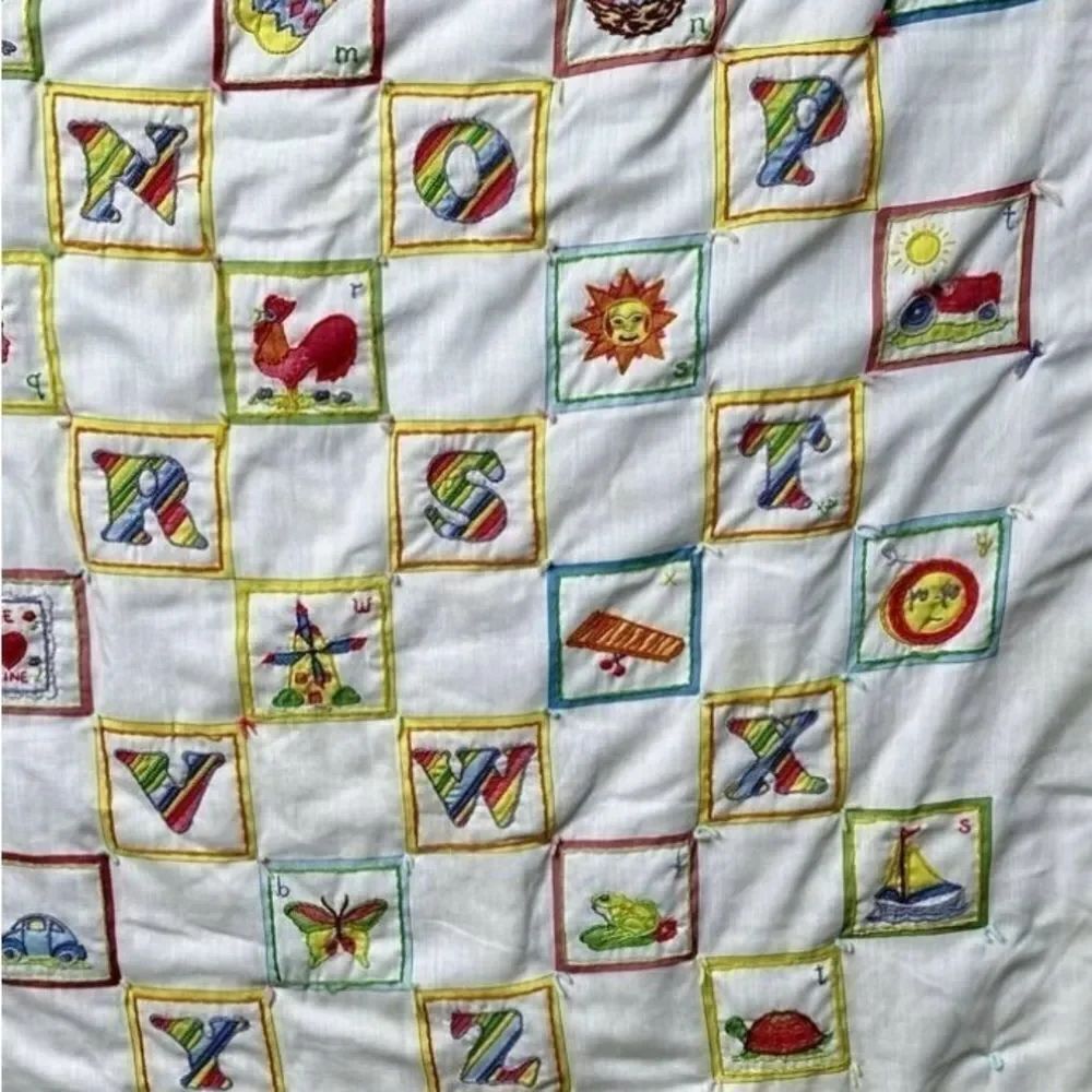 Vintage Hand Embroidered Blanket Baby Blanket Wall Decor Alphabet Patch Work